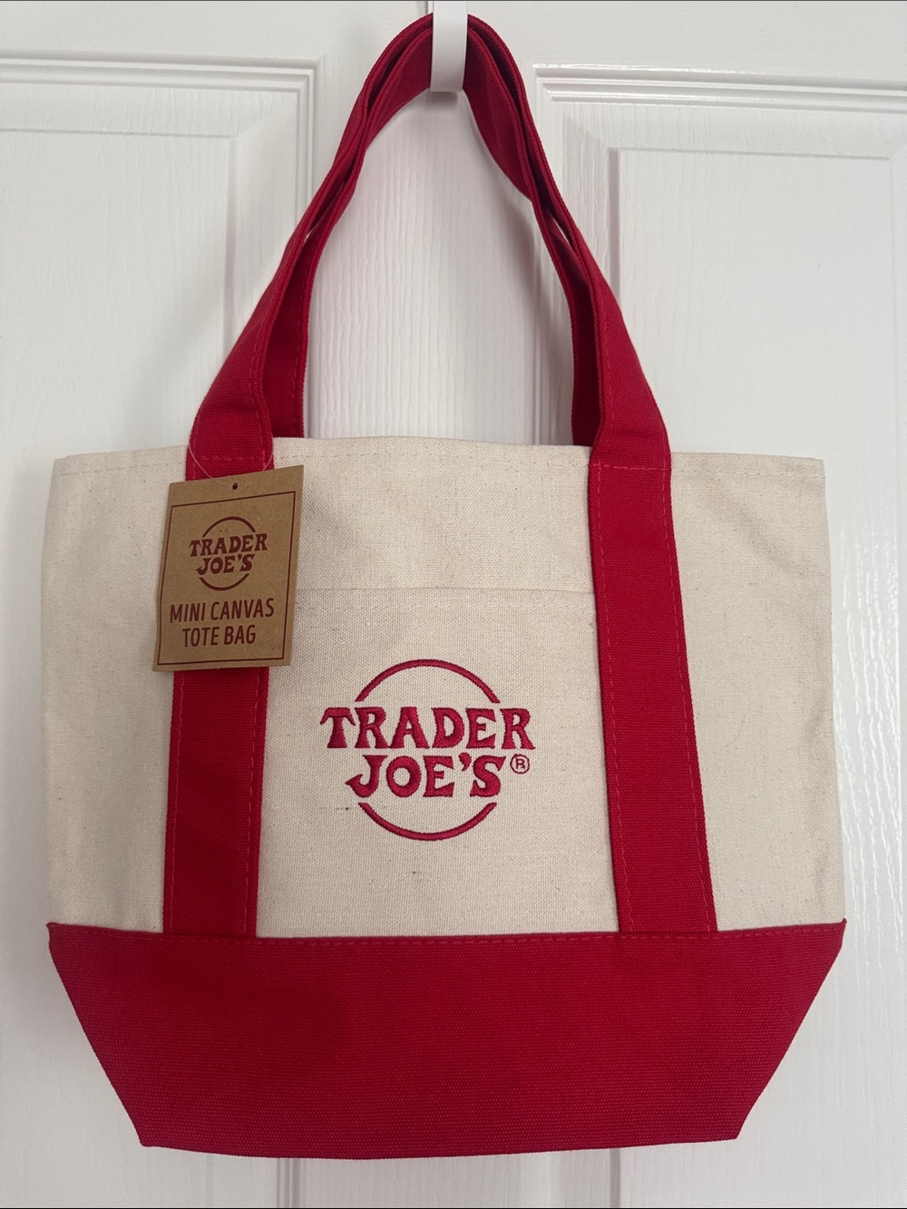 Trader Joe’s Small Canvas Tote Bag Cream and Red NWT